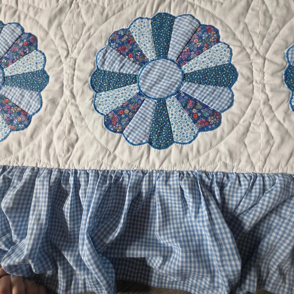 Vintage Handmade Blue Dresden Plate Quilt Ruffled Gingham Patchwork Bedspread